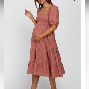 Mauve Plaid Square Neck Maternity Midi Dress